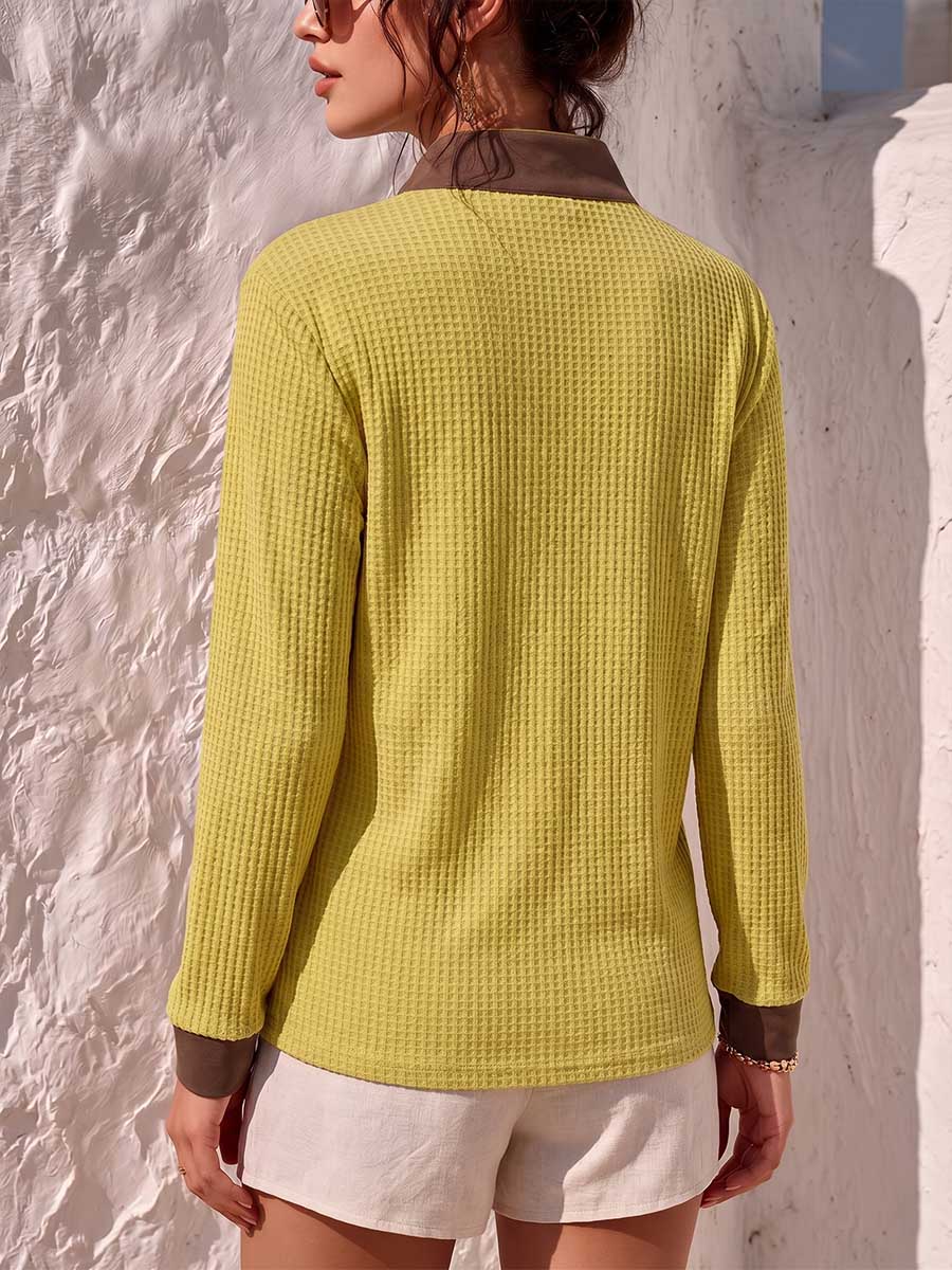 Women's Stand-collar Long-sleeve Loose-fit Waffle-knit Shirt