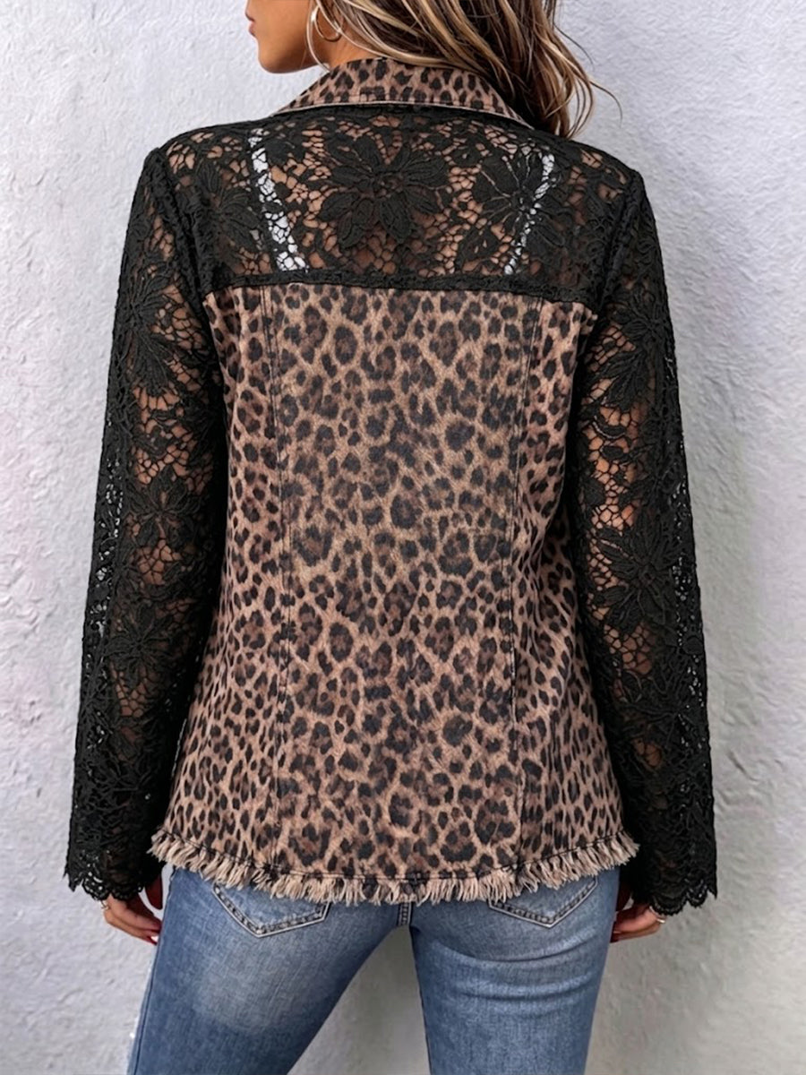 Casual Denim Jacket With Leopard Print And Lace Paneling