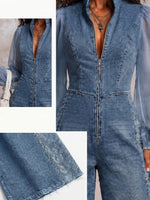 Stand Collar Front Zip Sheer Chiffon Puff Long Sleeve Side Lace Splice Washed Denim Wide Leg Jumpsuit