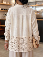 Relaxed Resort Linen Crochet-Paneled Overshirt