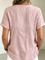 Women’s Wooden Button Decor Rolled Cuff Linen Blend Short Sleeve Top