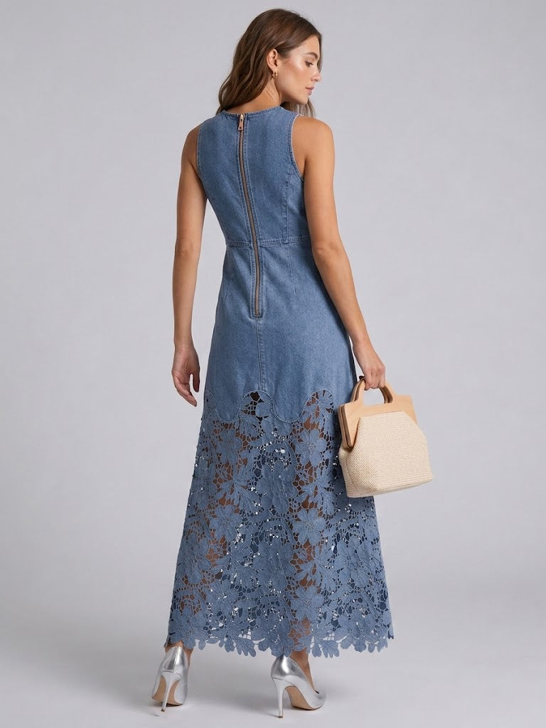 Exquisite, Elegant, And Fitted Patchwork Lace-and-denim Dress