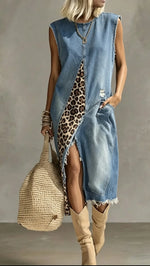 Women's Leopard Print Patchwork Denim Sleeveless Slit Midi Dress