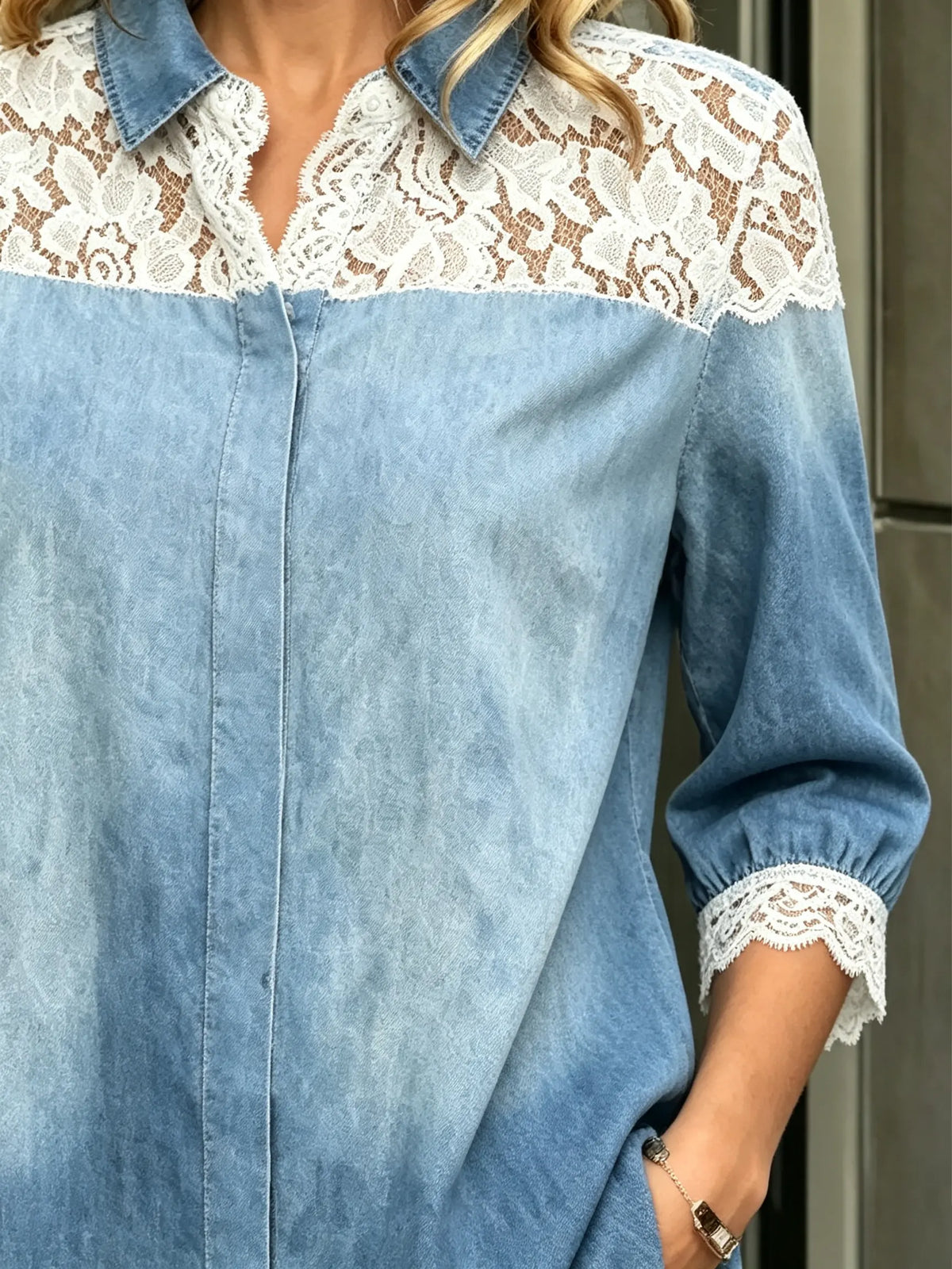 Women's Floral Lace Spliced Washed Denim 3/4 Sleeve Blouse