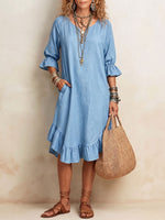 Women's Solid Color V-Neck 3/4 Sleeve Casual Loose Cotton-Linen Dress
