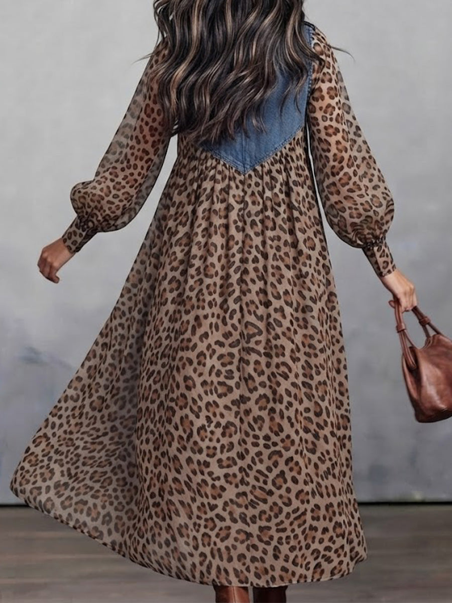 Washed Denim Splice Lapel Half Placket Lantern Long Sleeve Leopard Gathered Loose Maxi Shirt Dress