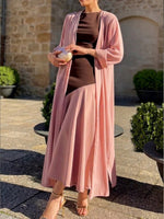 Stylish And Elegant Three-piece Set Featuring A Chiffon Cardigan, A Color-blocked Sleeveless Dress, And A Chiffon Shawl.