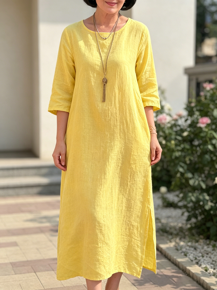 Sunny Yellow Cotton-linen Dress With Side Slits