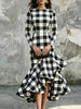 Women's Black White Plaid Ruffled Hem Art Casual Stylish Long Sleeve Dress
