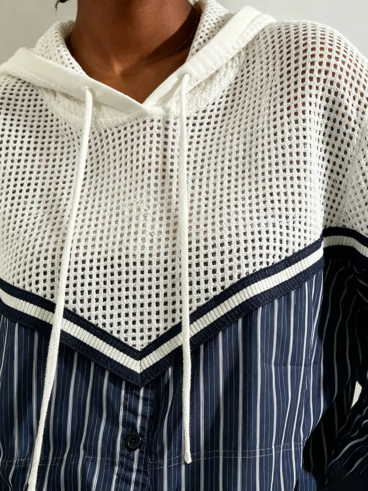 Women's Solid Hollow Out Vertical Stripe Patchwork Hooded Shirt
