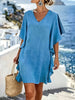 Women's Solid Color V-neck Short-sleeve Casual Loose Cotton-linen Dress