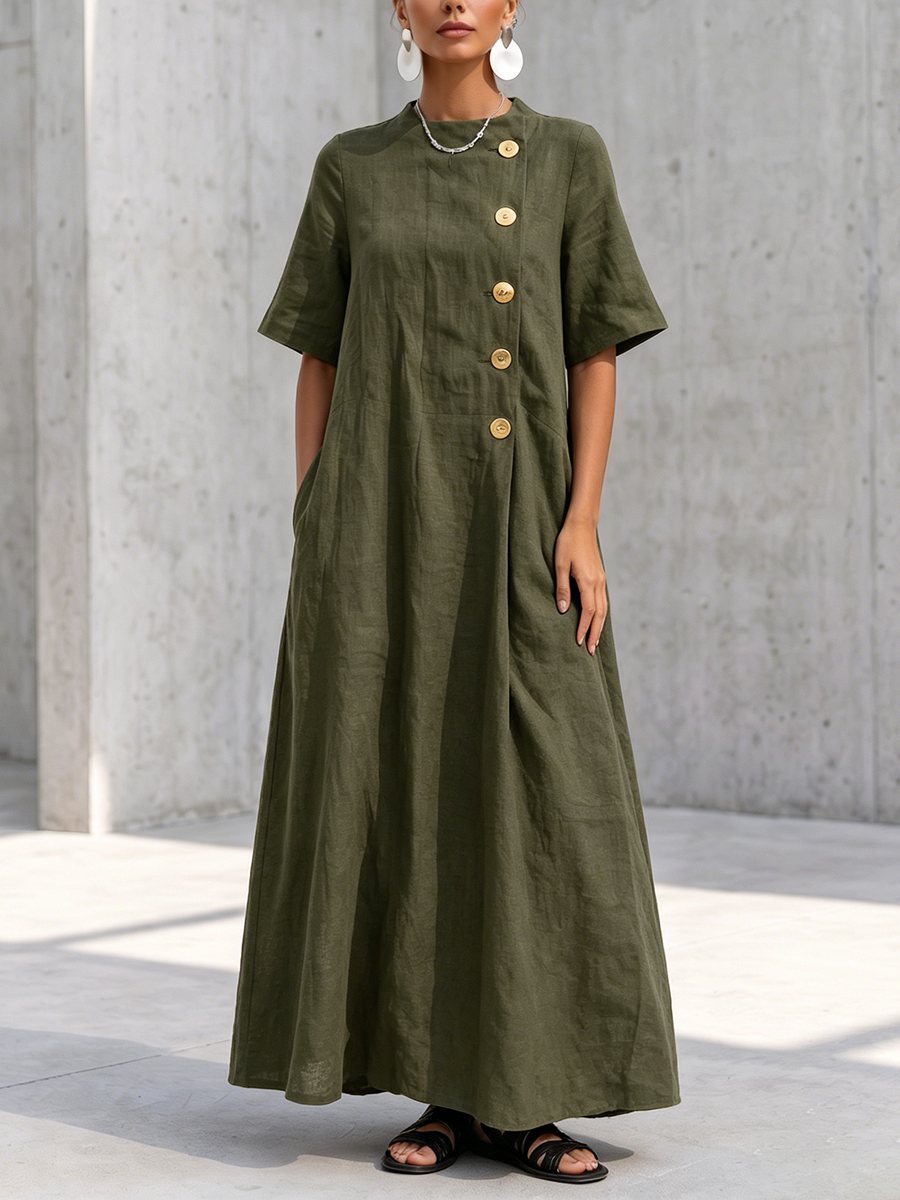 Elegant Olive Green Dress With Metal Buttons