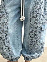 Women's Drawstring Balloon Jeans with Lace Panels