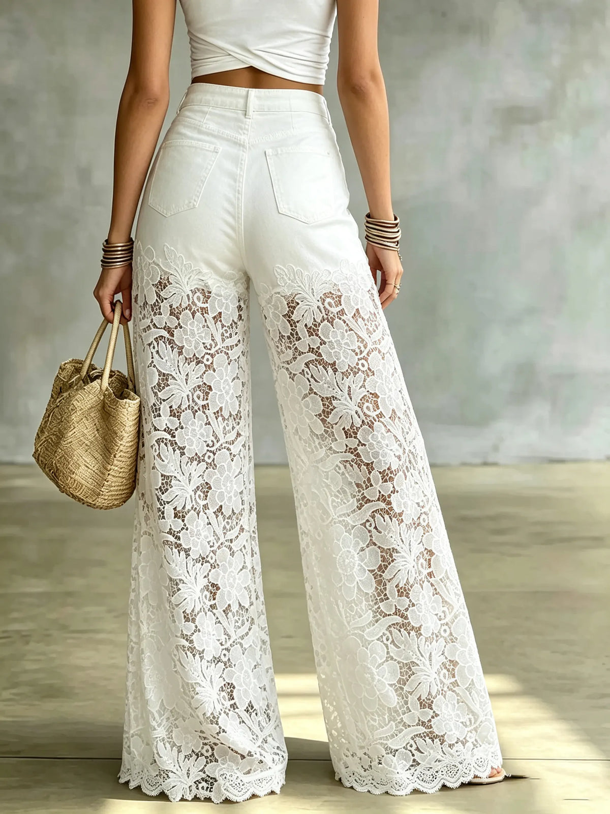 Women's Denim and Sheer Lace Wide-Leg Pants