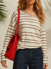 Women’s Off Shoulder Striped Loose Long Sleeve Cotton Linen Top