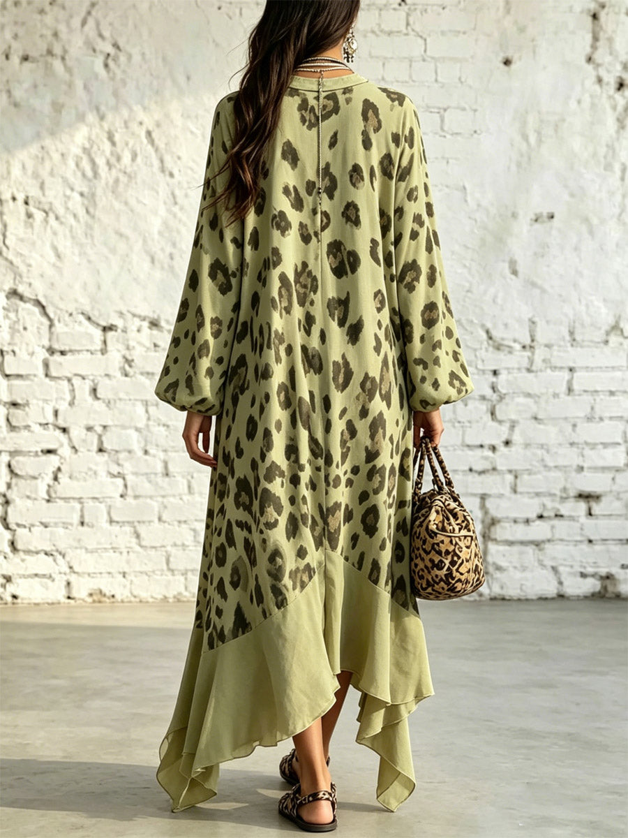 Women's Leopard Pattern Loose Art Casual Stylish Long Sleeve Dress