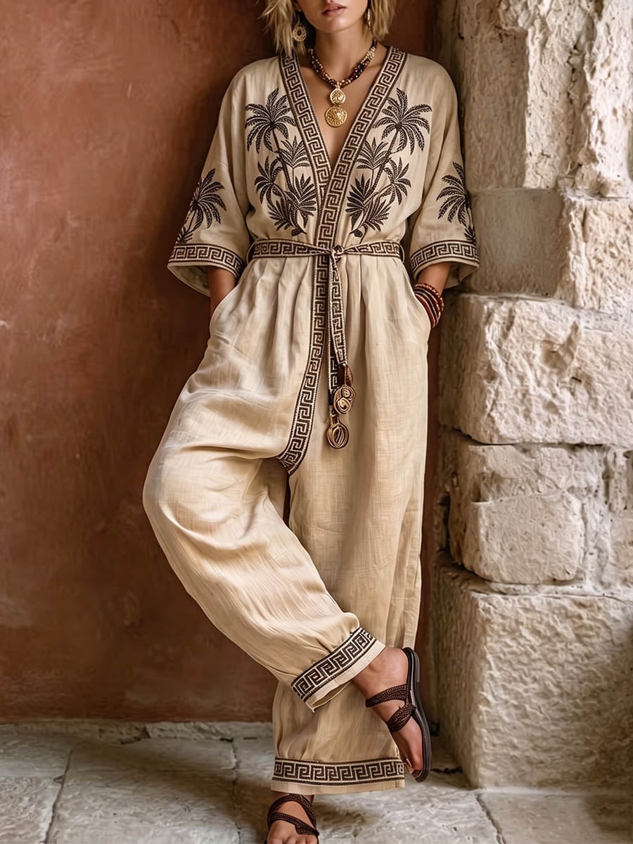 Women's Casual Loose Cotton-linen Wide-leg Jumpsuit With Placement Print, V-neck, And 3/4 Sleeves