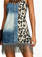 Women's Leopard Patchwork Denim Hollow Halter Fringe Mini Dress