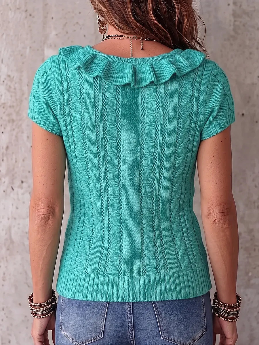 Boho-Chic Turquoise Cable-Knit Ruffled V-Neck Top