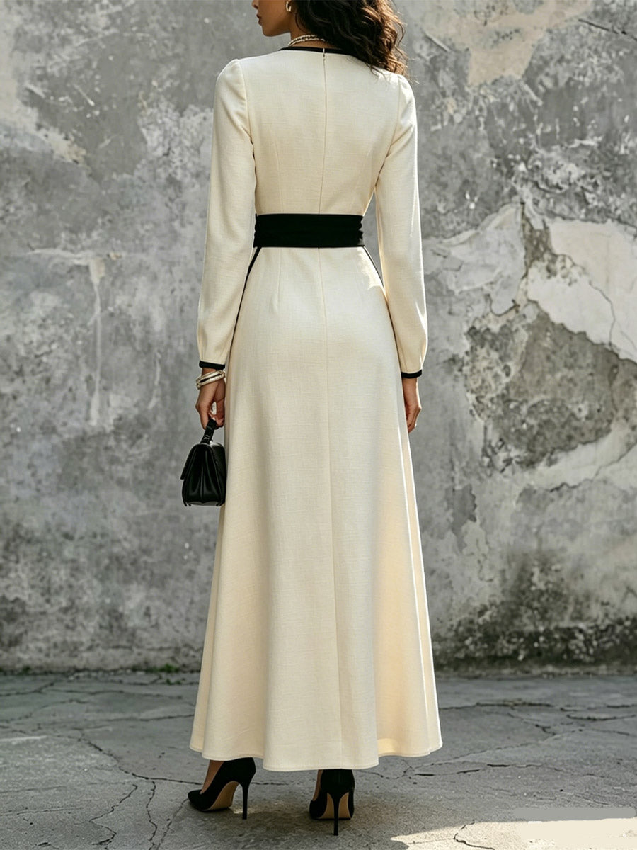 Women's Elegant Contrast Trim Art Casual Stylish Long Sleeve Maxi Dress