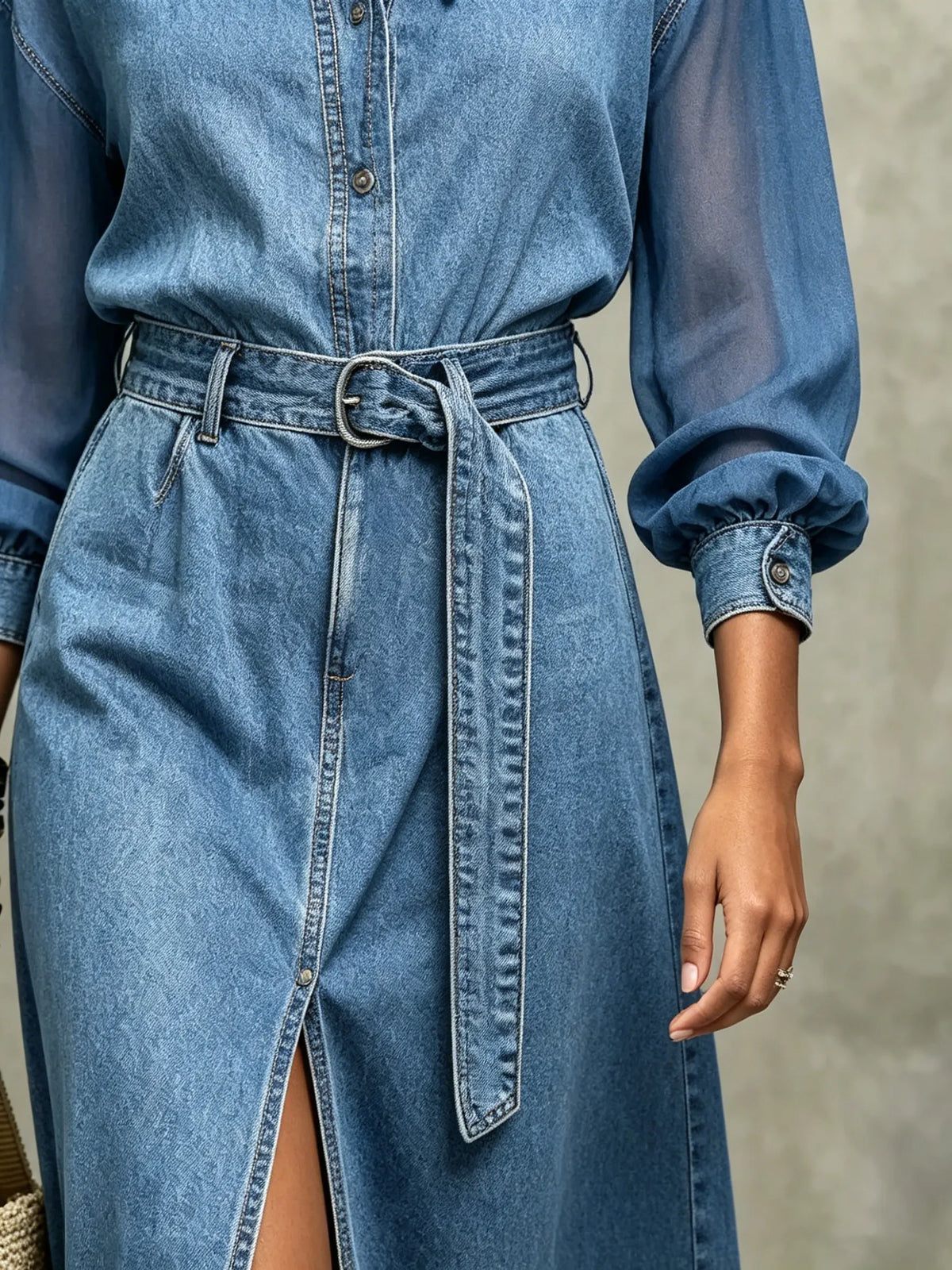 Women's Sheer Sleeve Slit Denim Maxi Dress