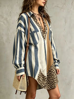 Women's Stripe Leopard Print Patchwork Loose Shirt Mini Dress
