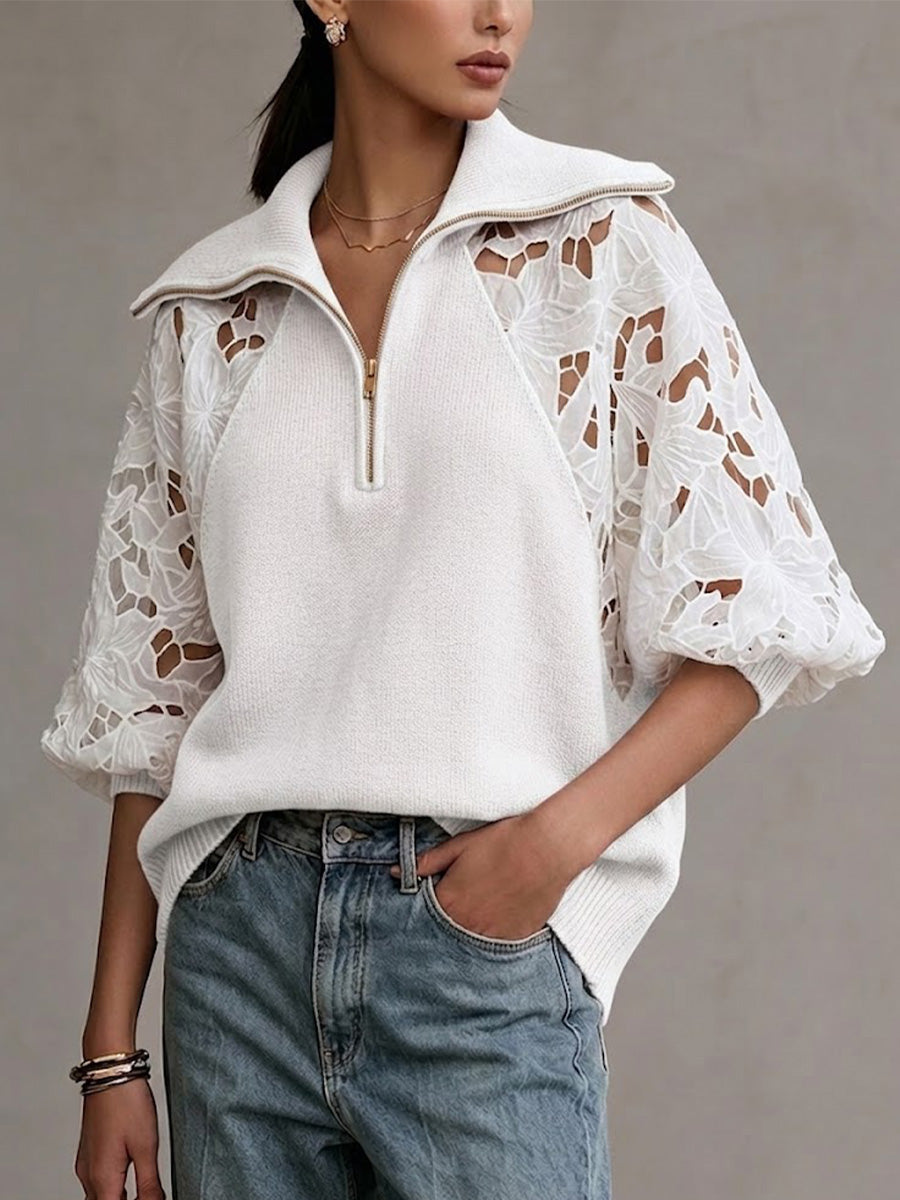 Loose-fit Top Featuring A Half-zip Mock Neck, Knit Panels, And Cut-out Floral Lace, With Three-quarter Sleeves