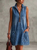 Washed Denim Stand Collar Half Zip Leopard Print Patch Pocket Sleeveless Loose Mini Dress