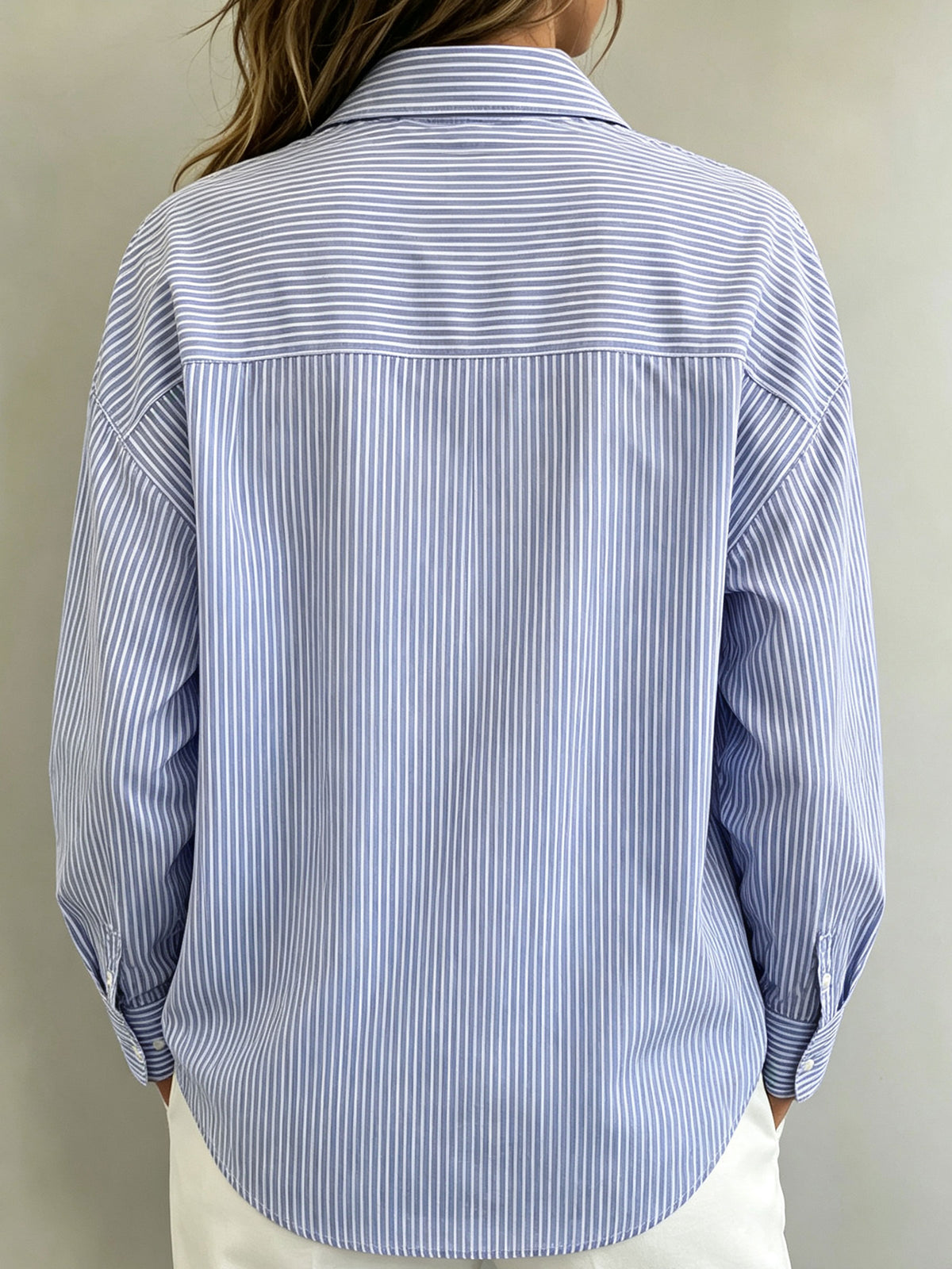 Women’s Striped Woven Cutout Front Collared Long Sleeve Button Down Shirt