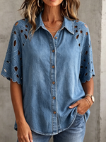 Vintage-style Denim Shirt With Cutout Floral Lace Paneling