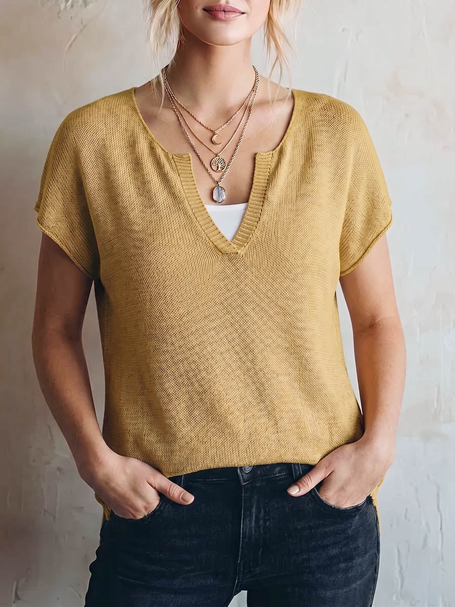 Women's V-neck Short-sleeve Casual Loose Knit Pullover
