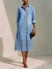 Straight-cut Dress Featuring A Denim-style Collar, Full-length Button-down Front, Patch Pockets, And Intricate, Heavy-work Floral Cut-out Lace Detailing