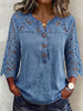 Wash Denim V-neck 3 Wooden Buttons Full Shoulder-sleeve Floral Cutwork Lace 7/8 Sleeve Loose Top