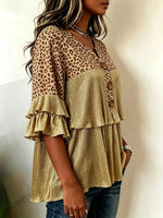 Women's Leopard Print Metallic Ruffle V Neck Blouse