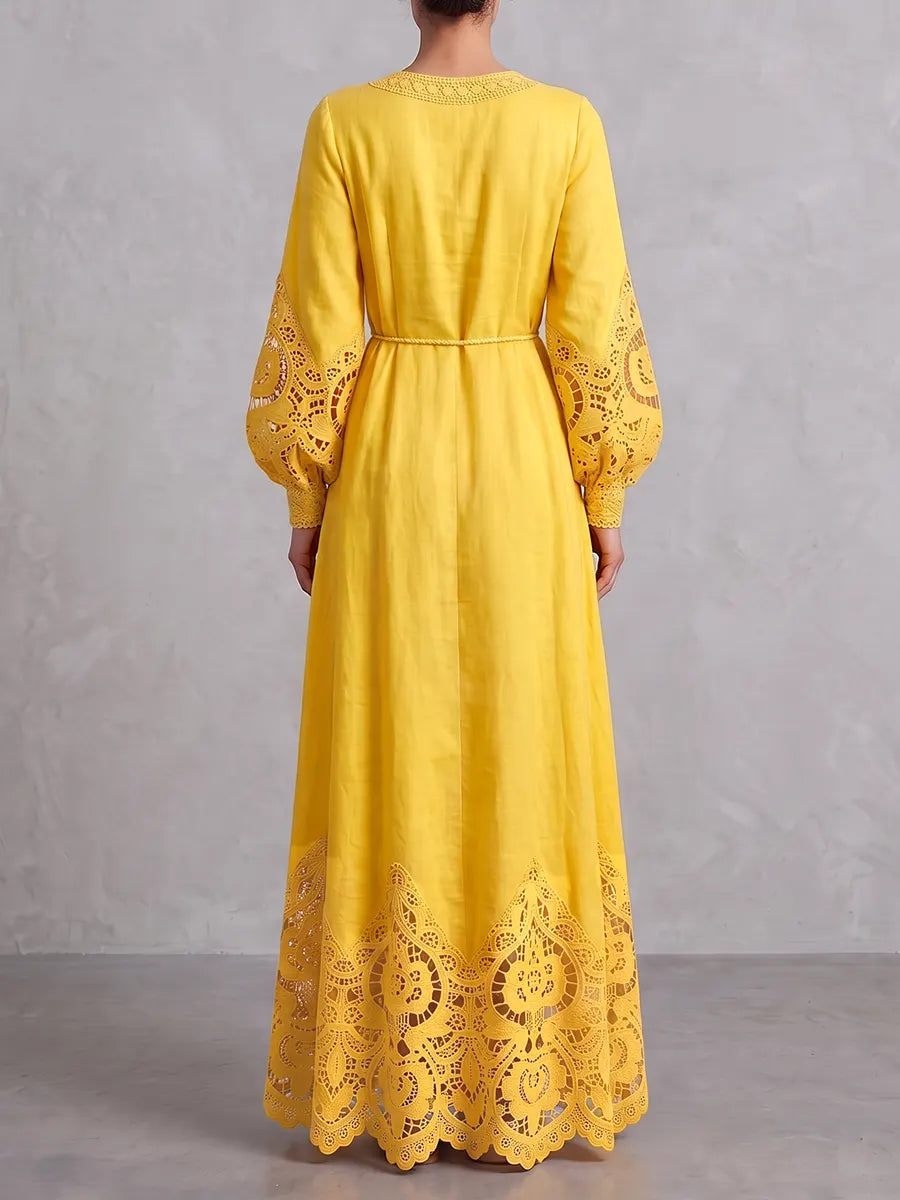 Radiant Yellow V-Neck Macramé Lace Linen Maxi Dress