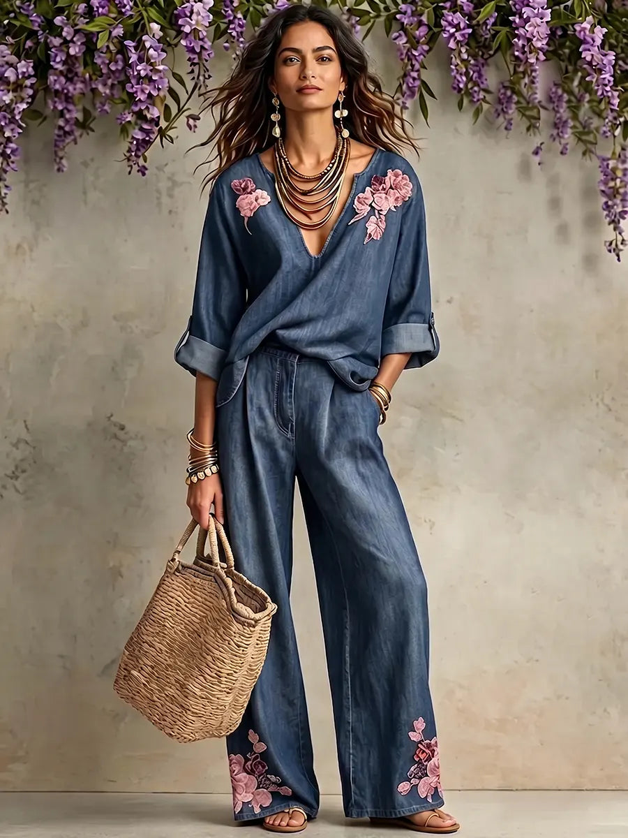 Boho-chic Floral Embroidered Tencel Denim Two-piece Set