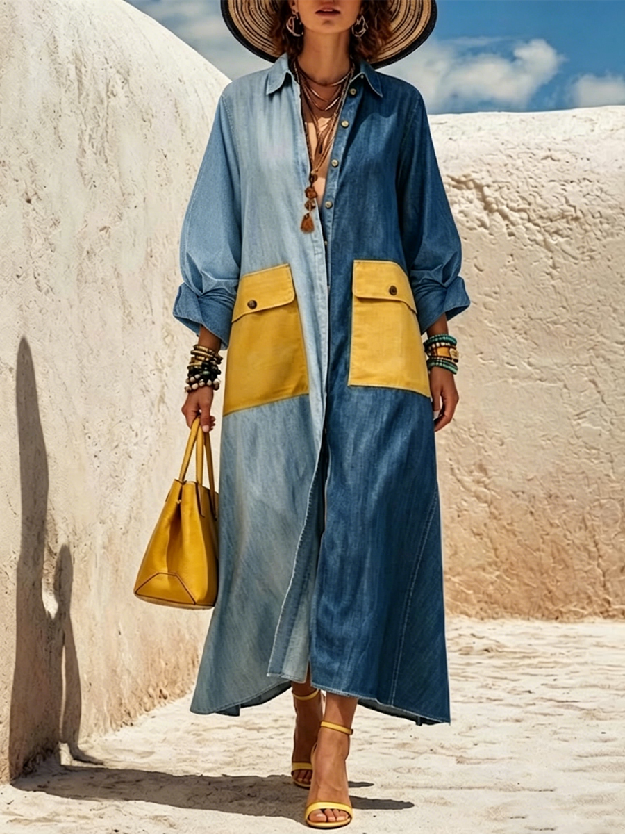 Two-tone Washed Denim Contrast Yellow Patch Pocket Collar Long Sleeve Maxi Shirt Dress