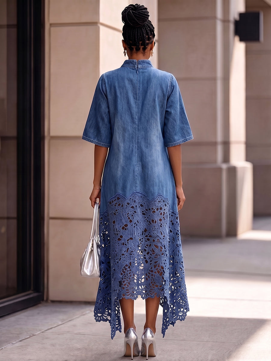 Elegant And Stylish Lightweight Denim Dress With Lace Hem