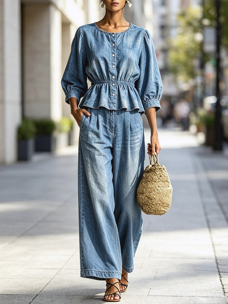 Ruffle Round Neck Button Art Casual Top And Pants Denim Two-piece Set