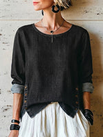 Relaxed-fit, Distressed Soft Denim Shirt Featuring A Crew Neck, Rolled Sleeves, Side Metal Buckles, Side Slits, And An Asymmetrical Hem