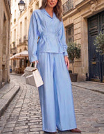 Women's Collared, Fitted Satin Blouse And High-waisted Wide-leg Trousers Two-piece Set