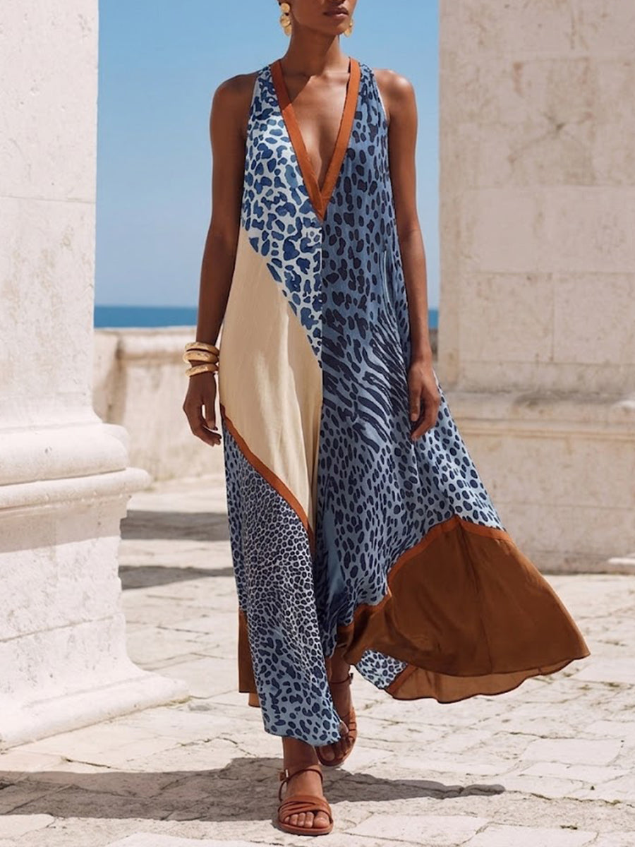 Stylish Spliced leopard-print Chiffon Maxi Dress