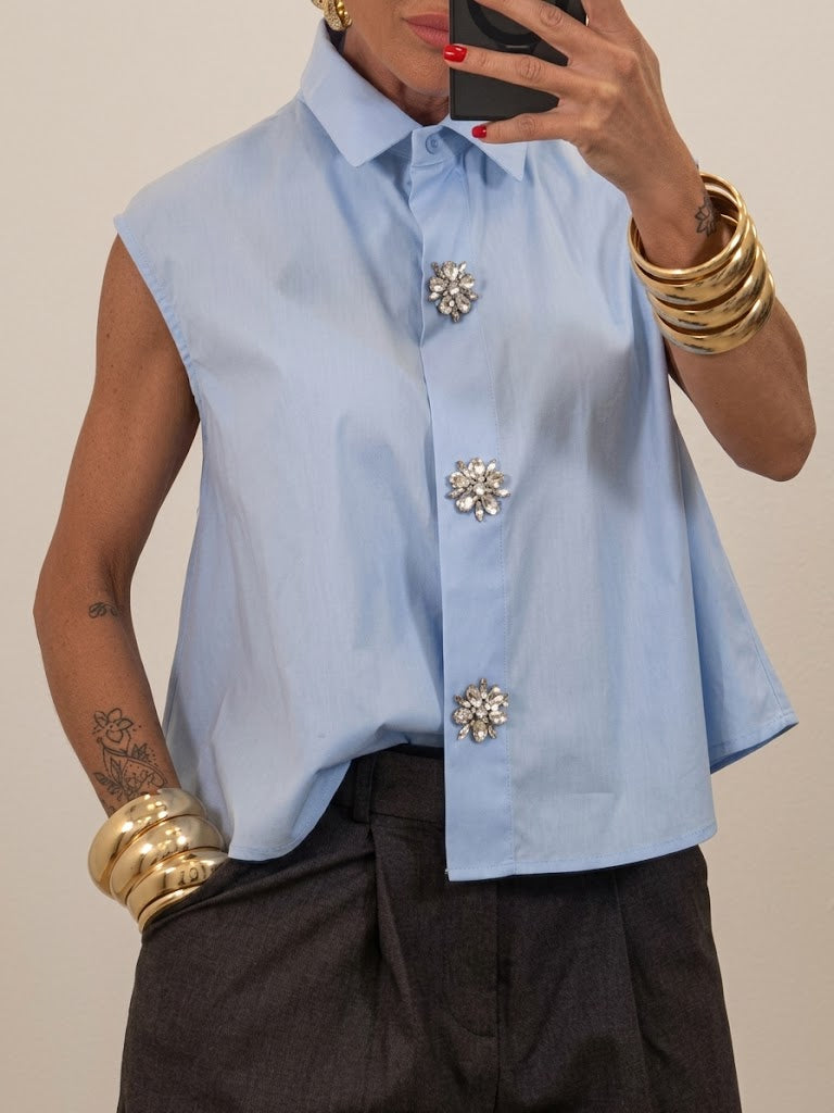 Casual Sleeveless Cotton Shirt With Decorative Rhinestone Buttons