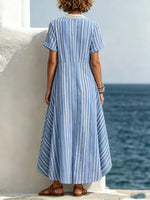 Women's Striped Lace V-Neck Pocket Midi Dress