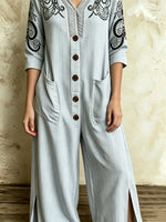 Women's Thin Vertical Stripe Floral Embroidery V Neck Split Wide Leg Jumpsuit