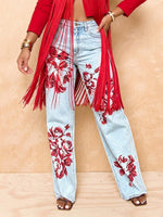 Women's High-waisted Loose Straight-leg Jeans With Placement Print