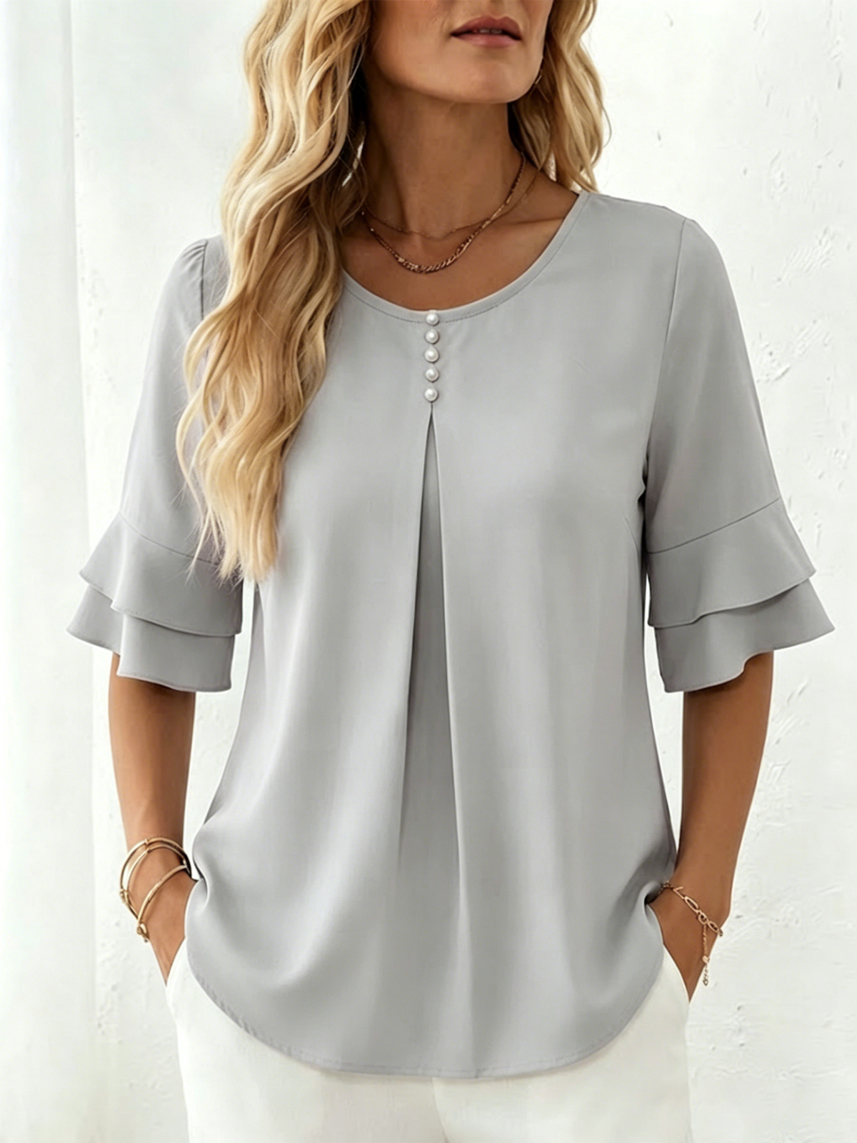 Loose-fit, Slimming Short-sleeved Shirt With Double-layer Ruffles