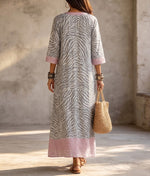 Casual Linen-cotton Dress Featuring A Mix Of Zebra And Striped Prints.
