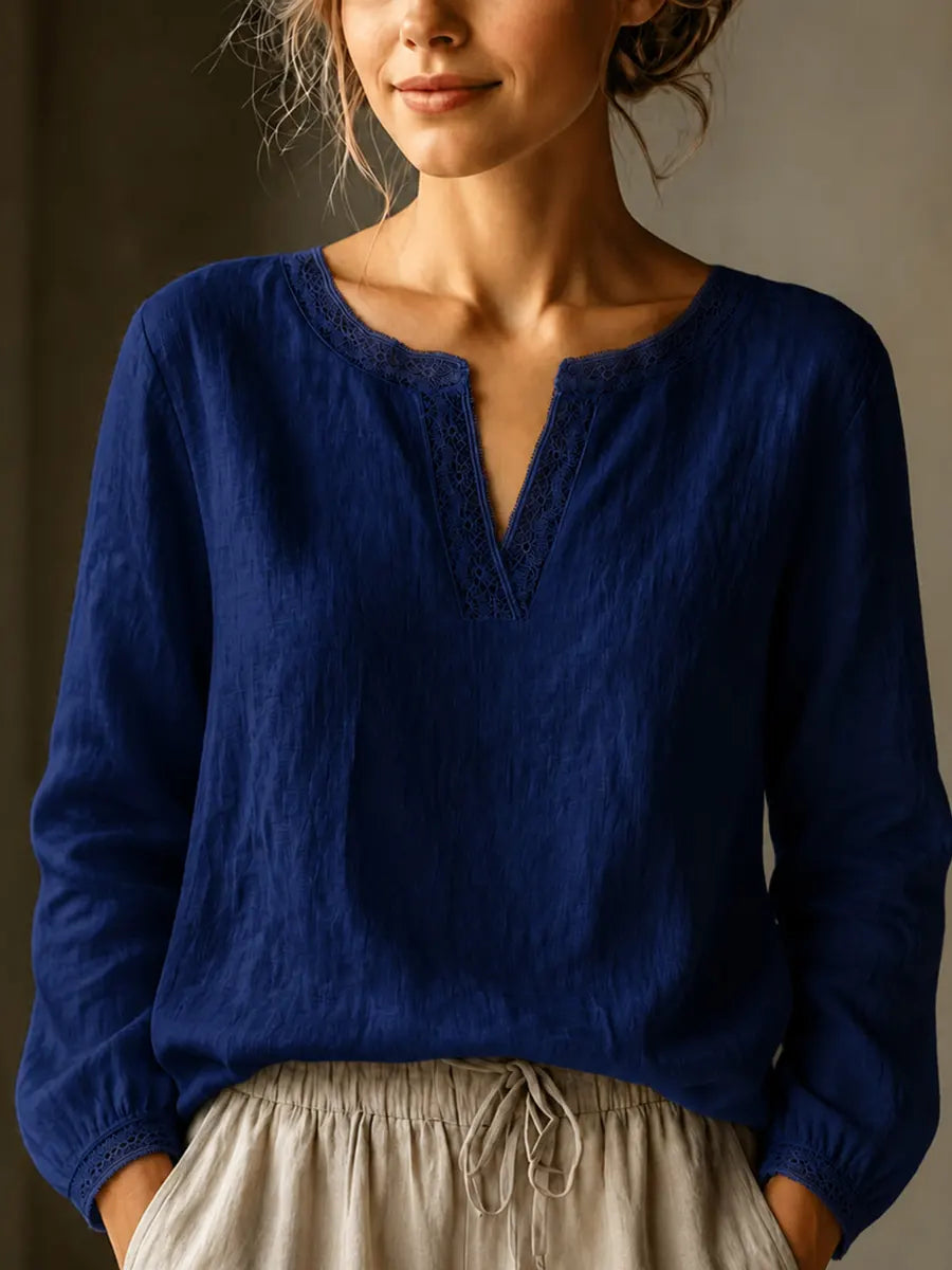 Elegant Linen-Blend Lace-Trim V-Neck Blouse