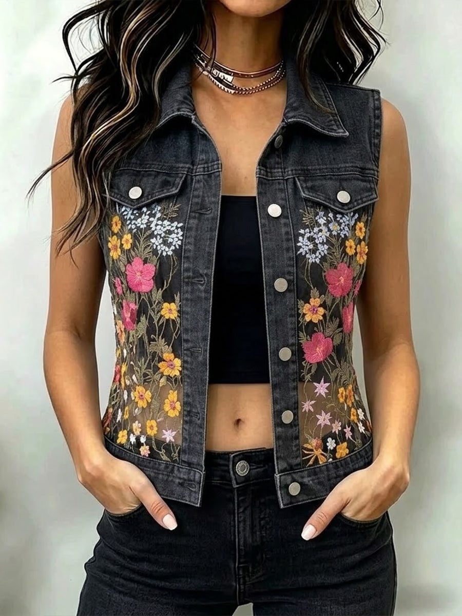 Stylish Casual Patchwork Embroidered Lace Denim Vest